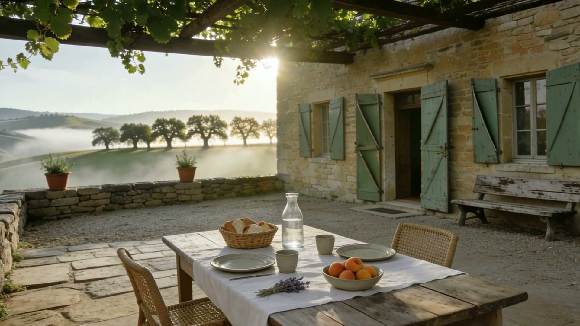 Still from the film: breakfast laid outside under a vine pergola, with morning mist over the hills and a stone house with green shutters
